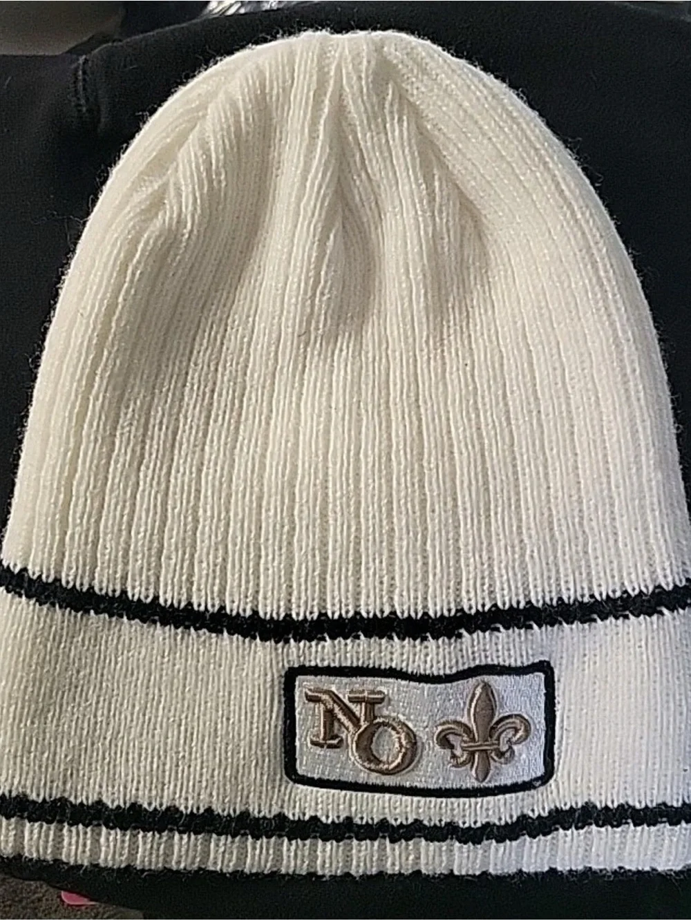 Kids White Knit Beanie with Black Trim and Embroidered Patch